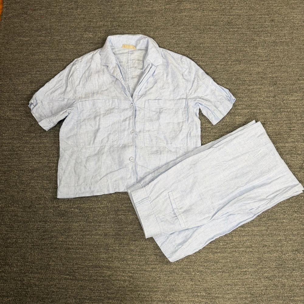 Everlane Linen Set Women 6 Light Blue Wide Leg Pants Beach Resort Nautical Coast